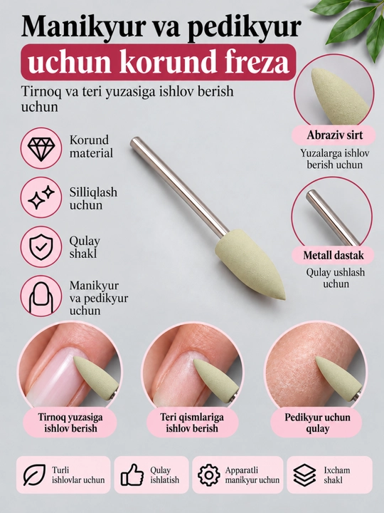 Manikyur va pedikyur uchun korund freza Alanga shakli - 