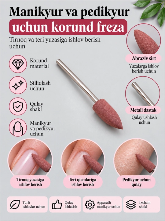 Manikyur va pedikyur uchun korund freza Alanga shakli - 