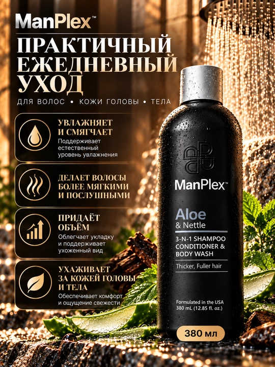 Уходовое средство для мужчин ManPlex, 3 в 1: шампунь, кондиционер, гель для душа, 380 мл