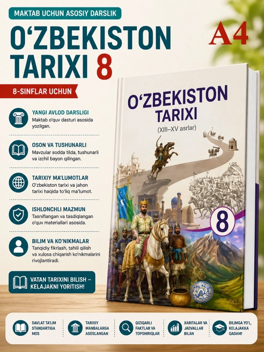 Oʻzbekiston tarixi. 8-sinf 2023. format А4, o'zbek tilida - 