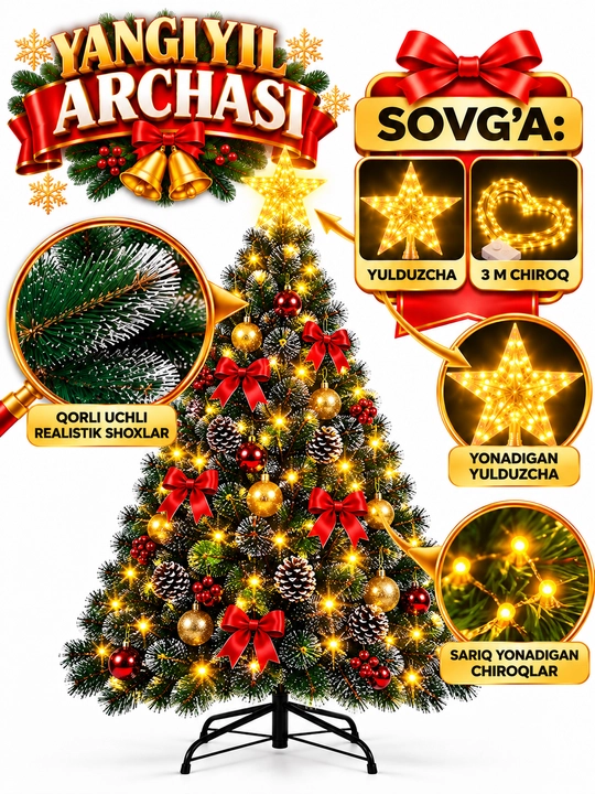 Yangi yil archasi, sun'iy archa, o‘lchami 60 sm, 90 sm 120 sm, 150 sm, 180 sm, 210 sm