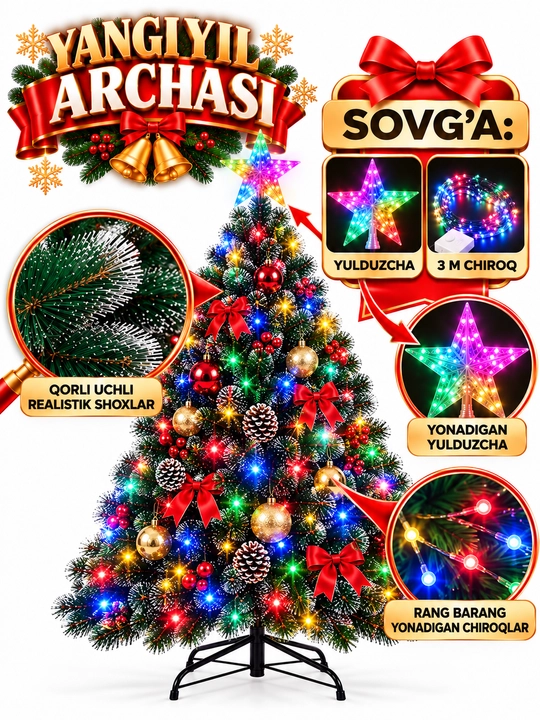 Yangi yil archasi, sun'iy archa, o‘lchami 60 sm, 90 sm 120 sm, 150 sm, 180 sm, 210 sm