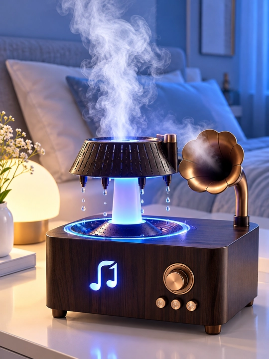 Uy, yotoqxona va ofis uchun LED yoritish va musiqa bilan jihozlangan retro uslubdagi havo namlagich