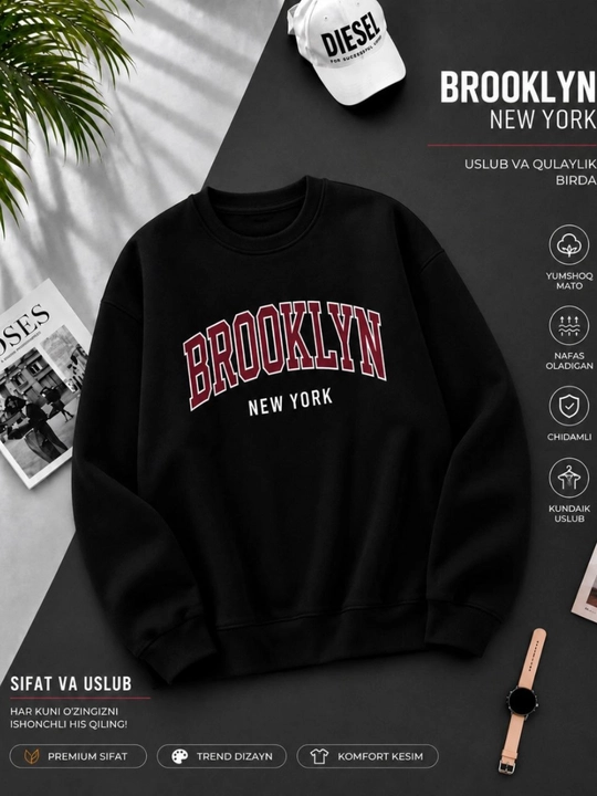 Мужской оверсайз свитшот BROOKLYN NEW YORK, чёрный с длинным рукавом - 