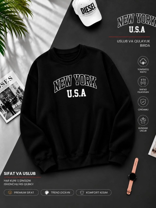 Мужской оверсайз свитшот BROOKLYN NEW YORK, чёрный с длинным рукавом - 