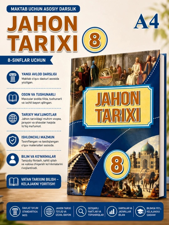 Jahon tarixi. 8-sinf. 2024 Format А5, o'zbektilida - 