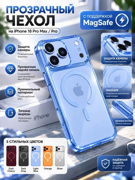 IPhone 17-18 Pro Max/Pro uchun shaffof MagSafe g‘ilofi, kamera himoyasi bilan polikarbonatdan tayyorlangan