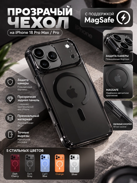 Прозрачный чехол MagSafe для iPhone 17-18 Pro Max/Pro, поликарбонатный с защитой камеры - 