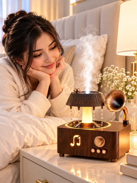 Uy, yotoqxona va ofis uchun LED yoritish va musiqa bilan jihozlangan retro uslubdagi havo namlagich