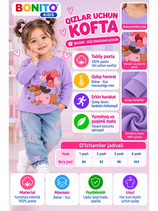 Qiz bolalar uchun uzun yengli kofta - 