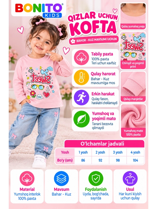 Qiz bolalar uchun uzun yengli kofta - 