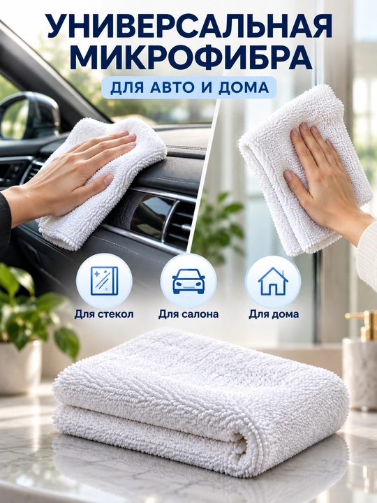 Белое полотенце микрофибры для стёкол, зеркал, салона авто и дома, без разводов