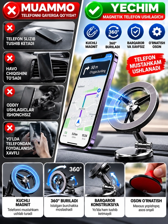 H320, 360 telefonlari uchun magnitli avtomobil ushlagichi°