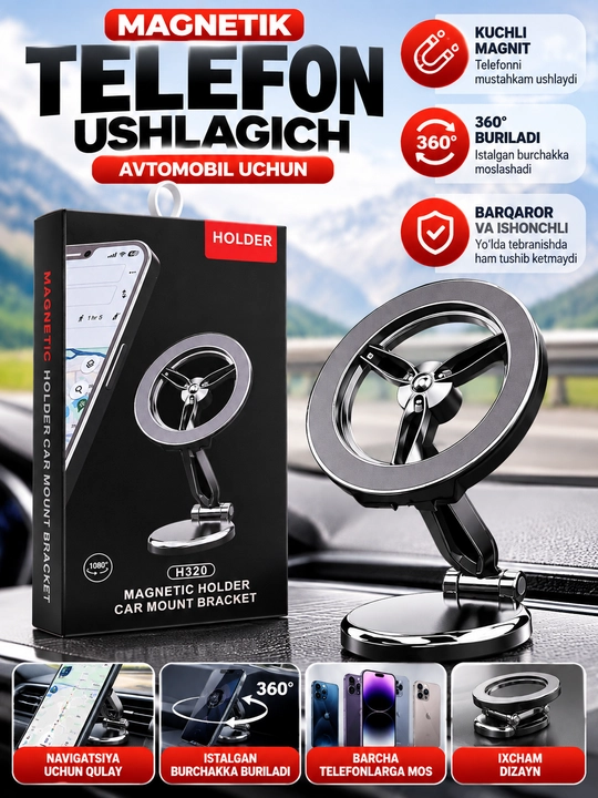 H320, 360 telefonlari uchun magnitli avtomobil ushlagichi° - 