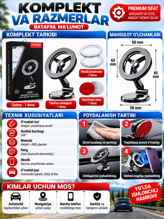 H320, 360 telefonlari uchun magnitli avtomobil ushlagichi°