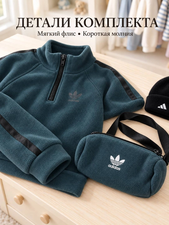 Детский флисовый костюм 4 в 1, теплый комплект с кофтой,штанами, шапкой и сумкой, 2–4 года