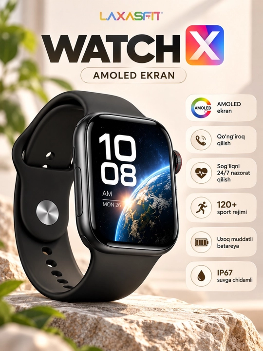 LAXASFIT WATCH X умные часы, AMOLED экран, 100+ циферблатов, 2 сменных ремешка - 
