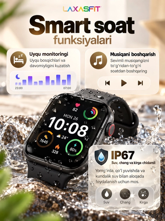 LAXASFIT WATCH X умные часы, AMOLED экран, 100+ циферблатов, 2 сменных ремешка