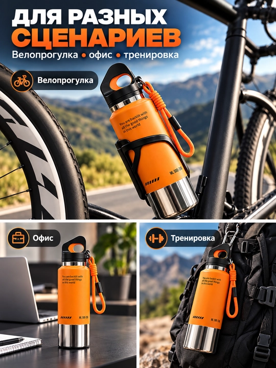 Спортивный термос для воды 580 мл, колба SUS316, с ручкой и ремешком