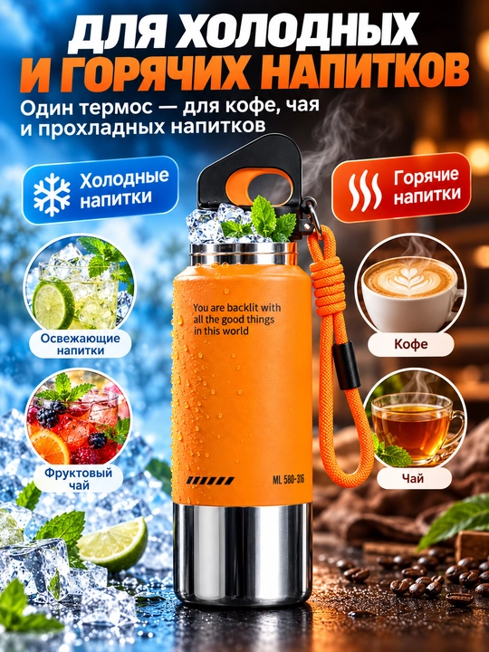 Спортивный термос для воды 580 мл, колба SUS316, с ручкой и ремешком