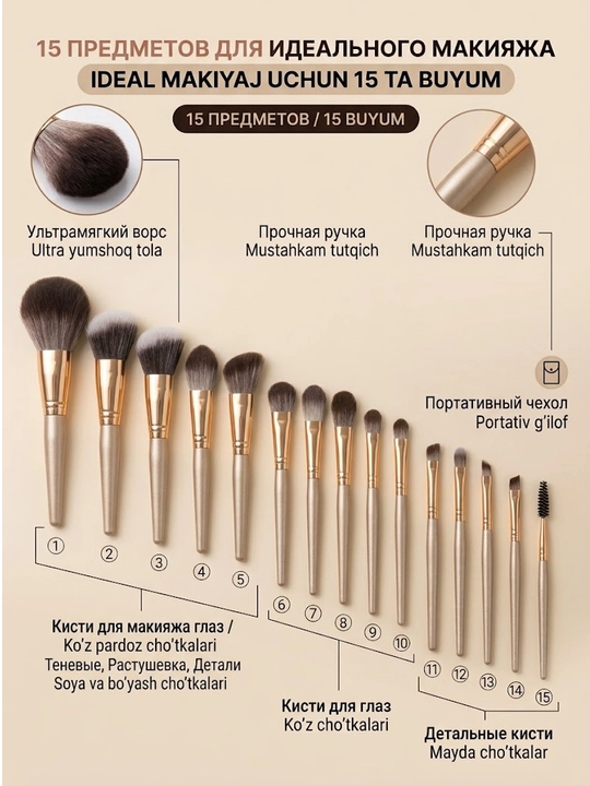 G'ilofli 15 ta 1 da professional makiyaj cho'tkalari to'plami, premium sifatli sovg'a