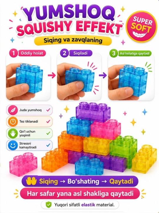 Bir-biriga ulanadigan yumshoq squishi konstruktor lego (40 ta bo‘lak)