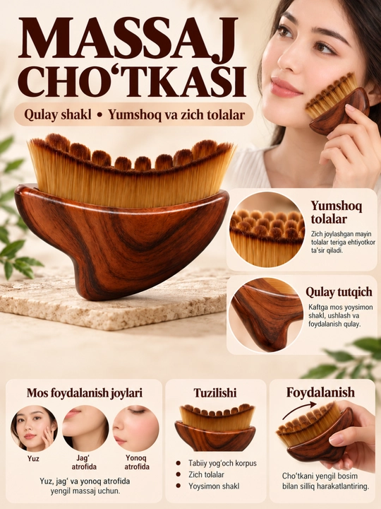 Yuz uchun massaj cho‘tkasi, yuz massajori-lifting, guasha, limfa drenaj effekti