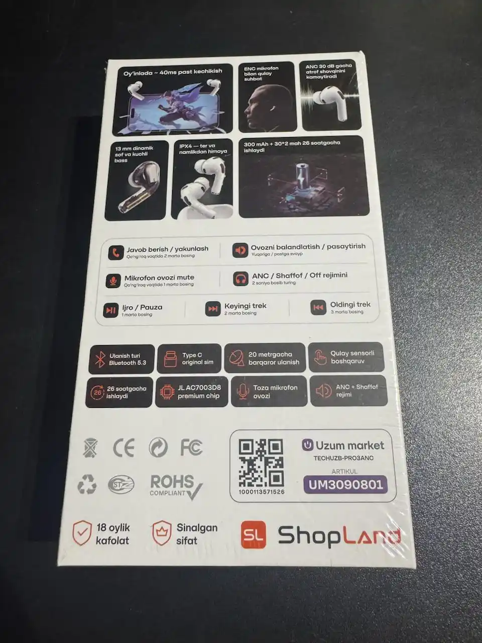ShopLand Pro 3 ANC + ENC — simsiz premium quloqchinlar, mikrofonli iPhone va Android uchun