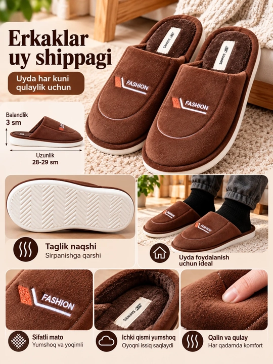 Erkaklar uy shippaklari, issiq, yumshoq, qulay, katakli