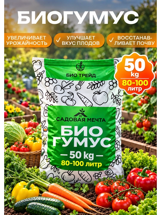 Биогумус, натуральное органическое удобрение для цветов и растений 50 кг примерно 80–100 л - 