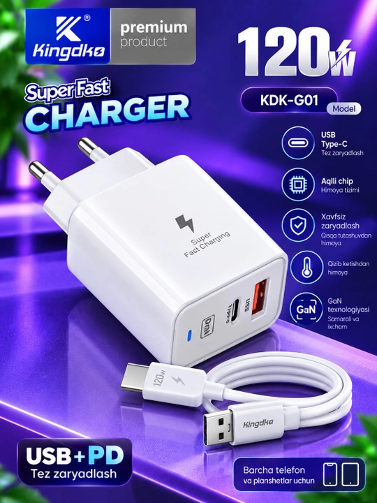 Kingdka 120W tezkor zaryadlovchi, USB Type-C PD, GaN adapter, Android telefonlar uchun - 