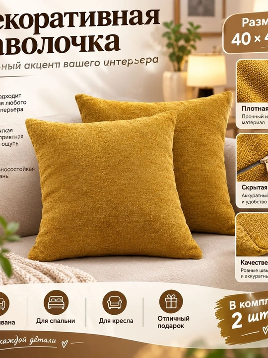 Декоративная наволочка на подушку 40х40 см, комплект 2 шт