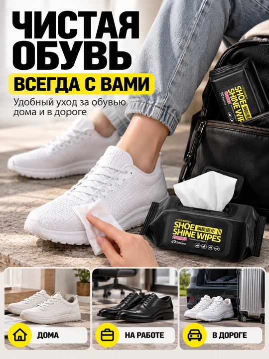 Салфетки для чистки обуви SHOE WIPES, для белой обуви, 80 шт