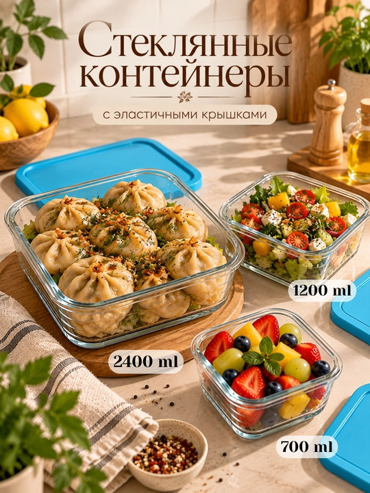 Набор керамических и стеклянных контейнеров, 5 в 1, с вакуумными крышками - 