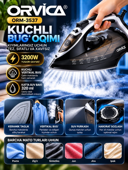 Bug‘li dazmol, elektr dazmol, ORVICA ORM-3537, 3200 Vt, keramik taglik, vertikal bug‘lash
