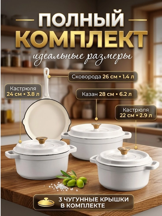 Набор посуды VK-35 (Cream) эмалированный чугун, 7 предметов