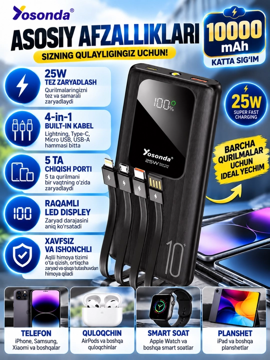 Yosonda Y-P99 Power Bank 10000 мАч 25 Вт 4-в-1