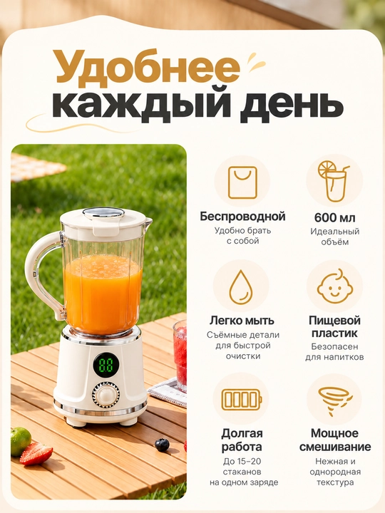 Smuzi va kokteyllar uchun simsiz portativ blender, 600 ml, 12 ta tig‘