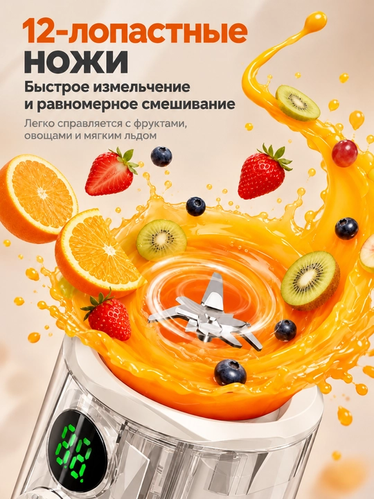Smuzi va kokteyllar uchun simsiz portativ blender, 600 ml, 12 ta tig‘