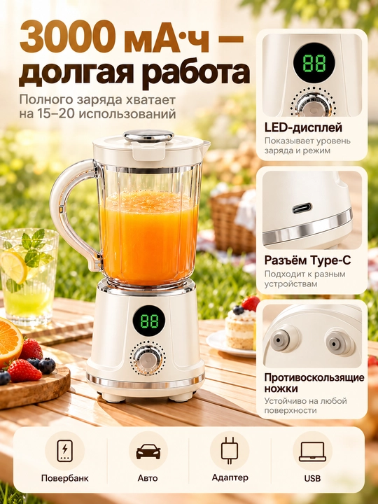 Smuzi va kokteyllar uchun simsiz portativ blender, 600 ml, 12 ta tig‘