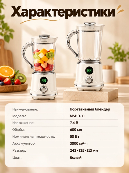 Smuzi va kokteyllar uchun simsiz portativ blender, 600 ml, 12 ta tig‘