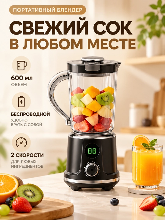 Smuzi va kokteyllar uchun simsiz portativ blender, 600 ml, 12 ta tig‘ - 