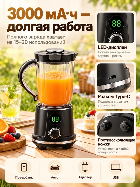Smuzi va kokteyllar uchun simsiz portativ blender, 600 ml, 12 ta tig‘