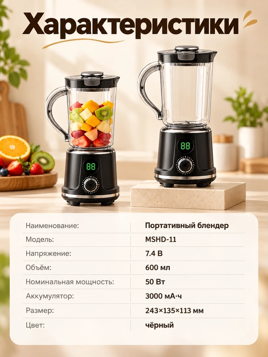 Smuzi va kokteyllar uchun simsiz portativ blender, 600 ml, 12 ta tig‘