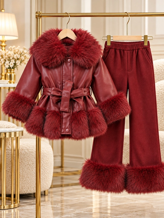 Комплект из куртки из искусственной кожи с меховым воротником и брюк