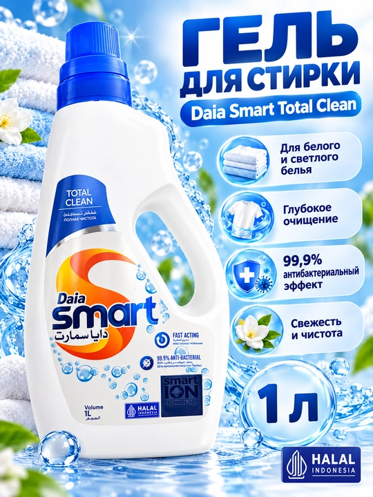 Daia Smart Total Clean kir yuvish geli, Smart ION, antibakterial ta'sir, 1 l - 
