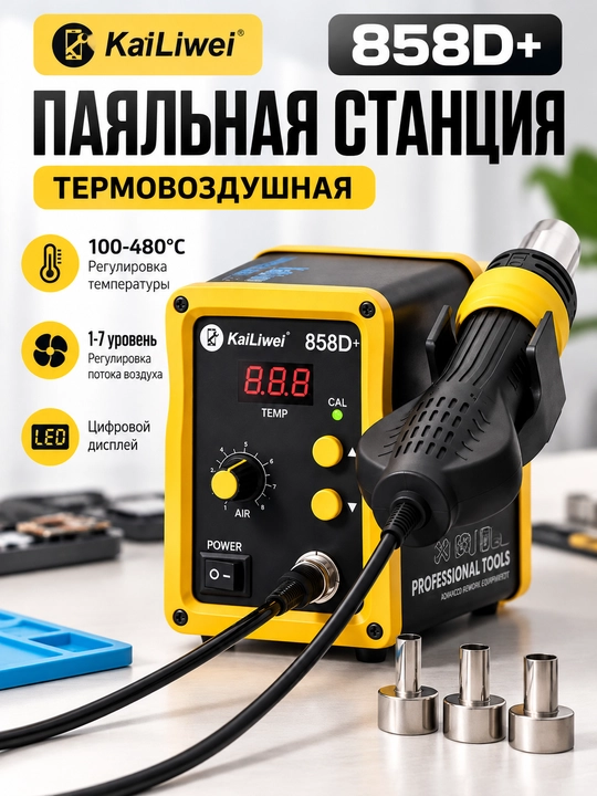 Паяльная фен-станция KaiLiwei 858D+ для ремонта электроники и техники - 