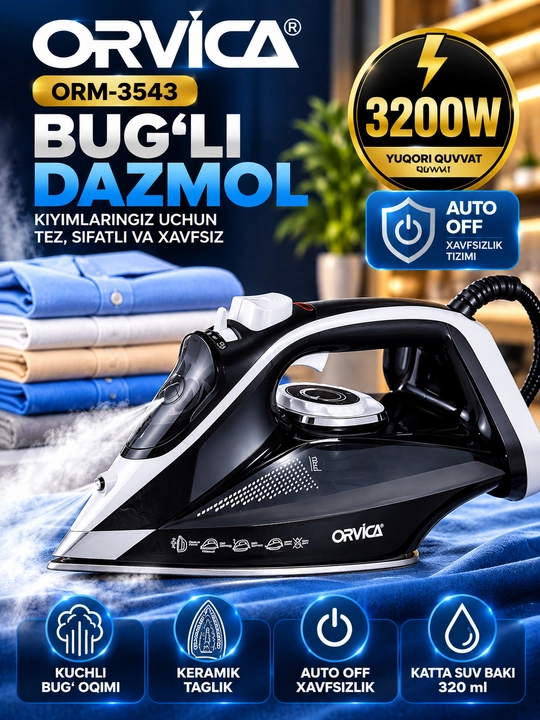 Bug‘li dazmol ORVICA ORM-3543, 3200 Vt, keramik taglik, avtomatik o‘chish, vertikal bug‘