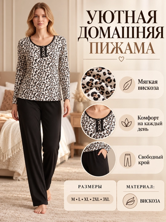 Женский пижамный комплект из вискозы и брюк, размеры M-3XL - 