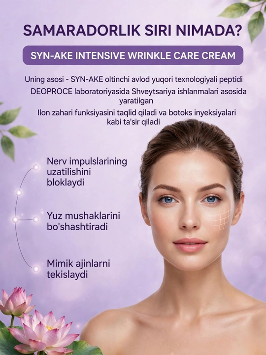 Deoproce krem, ajinga qarshi krem, yuz kremi, Syn-Ake peptide